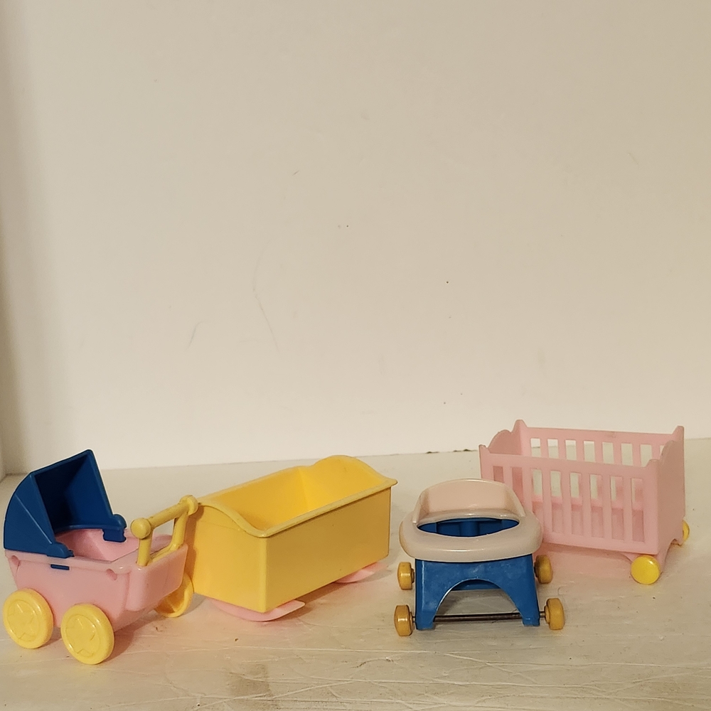 Vintage Toy Set with Stroller, Cradle, and Walker